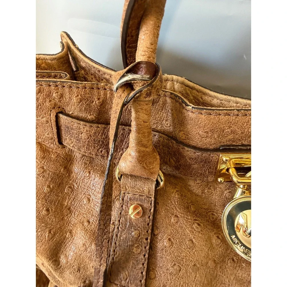Michael Kors Hamilton Ostrich Embossed Leather Satchel Brown Gold Link Strap